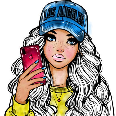 realistic beautiful girl wearing los ángeles cap holding an iphone