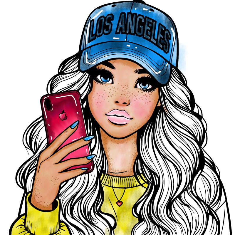 realistic beautiful girl wearing los ángeles cap holding an iphone