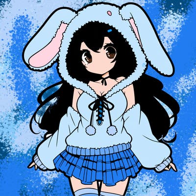 pretty anime girl wearing a fluffy hoodie with bunny ears on the hood and a skirt