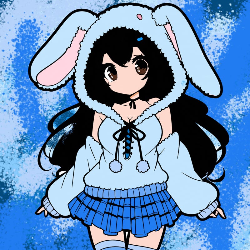 pretty anime girl wearing a fluffy hoodie with bunny ears on the hood and a skirt