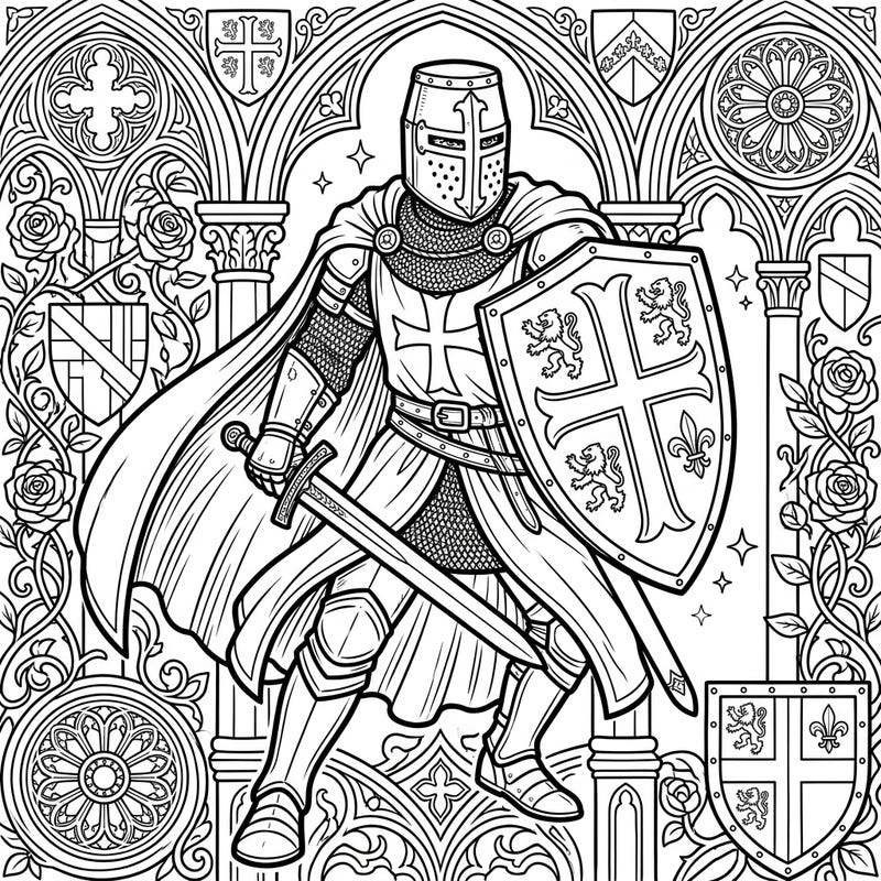 Dive into history with this epic Crusader Knight coloring page, specifically designed for teens with its intricate details and dynamic composition. Perfect for unleashing your inner artist and bringing a medieval legend to life with vibrant colors.