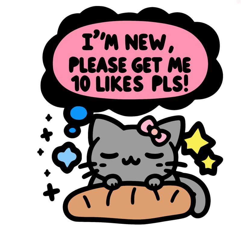 kitty taking a nap dream talking and saying "i'm new, please get me at least 10 likes pls!!"