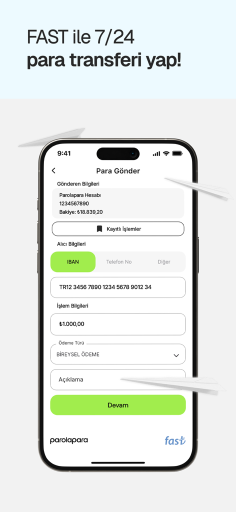 Parolapara: Para Gönder, Harca - A mobile interface of the Parolapara app showing a 24/7 money transfer screen using the FAST system.