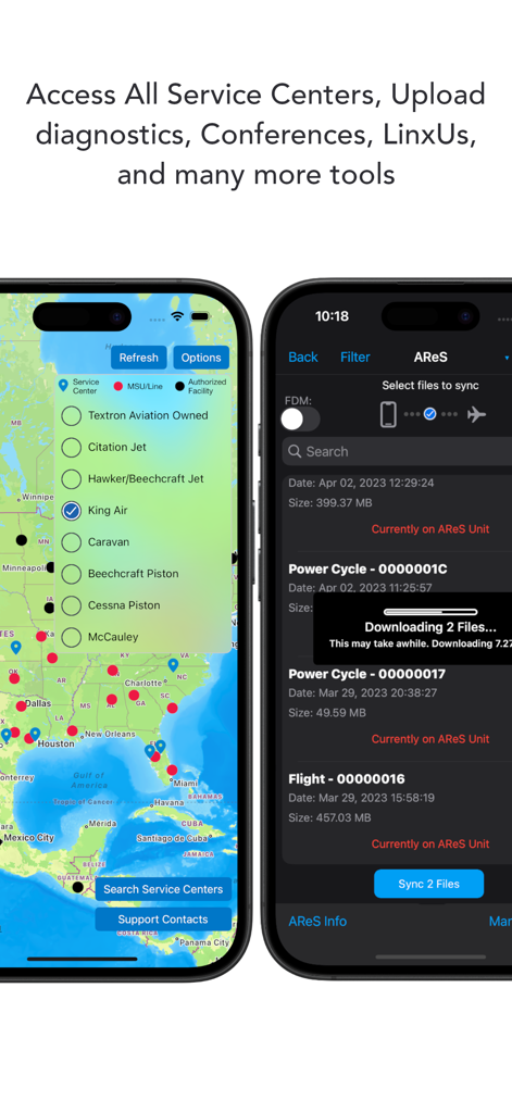 Aplicación Textron Aviation Service que muestra un mapa localizador de centros de servicio y sincronización de archivos de diagnóstico AReS