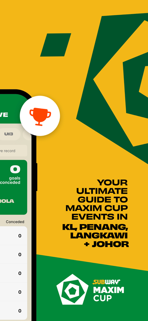 Maxim Cup - Promotional graphic for Maxim Cup app featuring youth football tournament locations in Malaysia