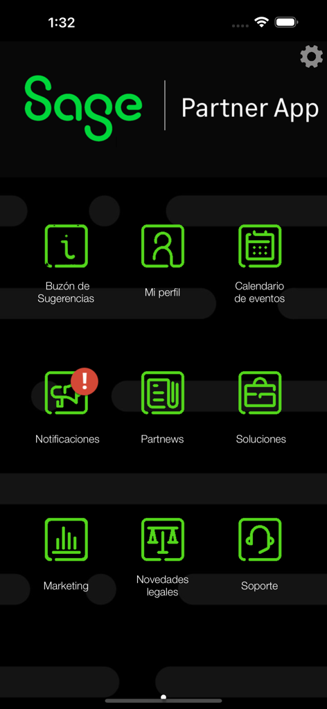 Sage Partner App - Sage Partner App home screen interface featuring neon green icons for marketing news and support services