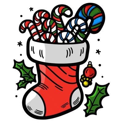 illustrate a simple stocking filled with candy canes%2c surrounded by holly and ornaments.