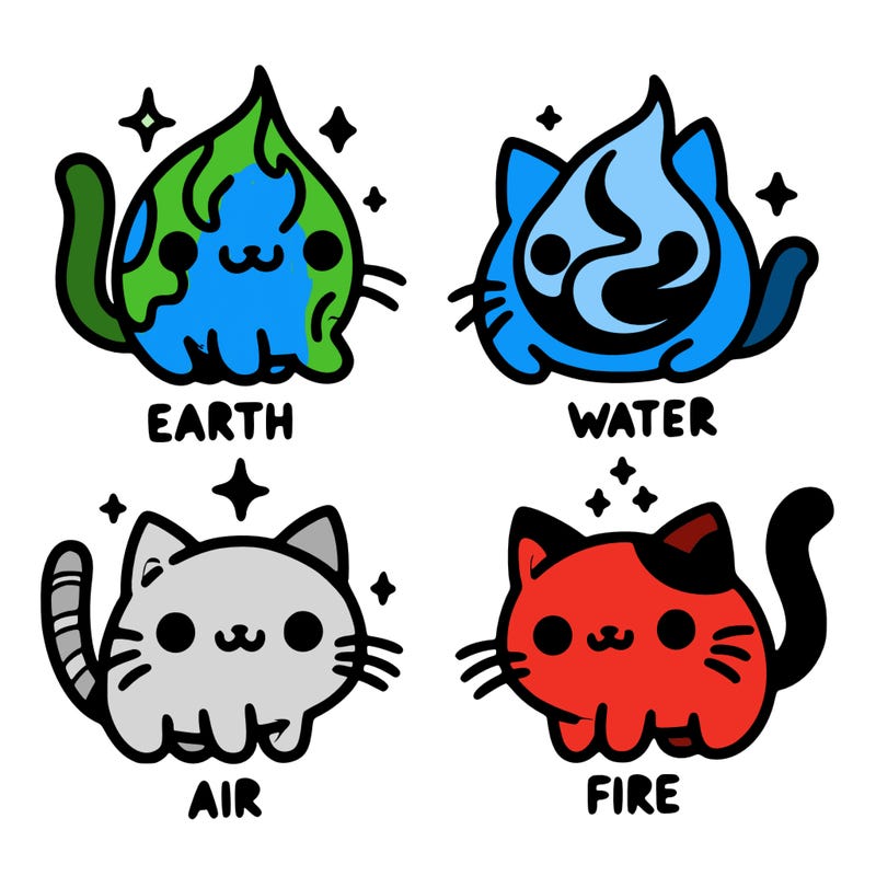 4 cats that represent the different elements, earth, water, air, and fire