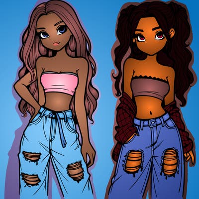 2 girls in crop tops and baggy jeans ripped