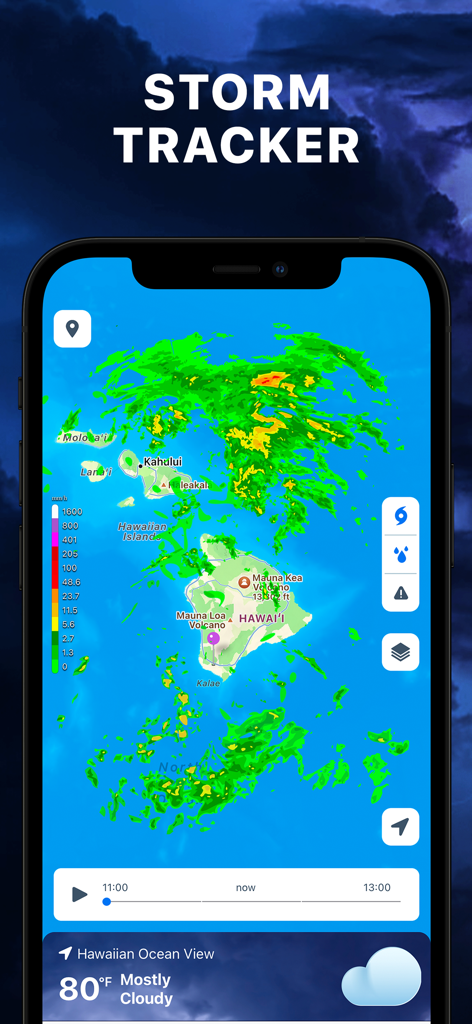 Storm Tracker° - Interfaz de la aplicación Storm Tracker que muestra un mapa de radar Doppler sobre las islas hawaianas con datos meteorológicos en vivo.