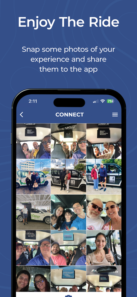 Ride Freebee - Ride Freebee app screen displaying a gallery of photos shared by passengers using the electric vehicle service