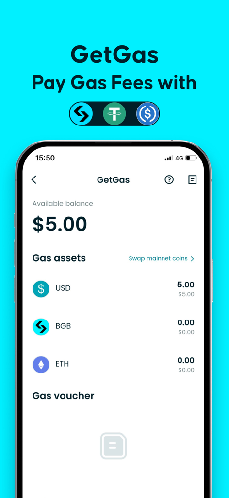 Bitget Wallet: Bitcoin, Crypto - Mobile screen showing the Bitget Wallet GetGas feature for paying transaction fees with multiple crypto assets