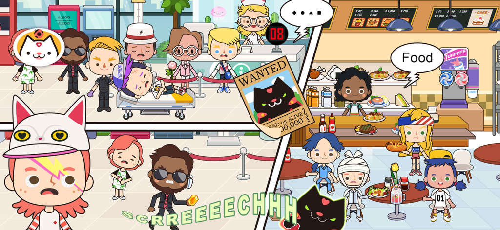 受付エリアやフードコートなど、Miga Town My Hospitalのさまざまなエリアにいる漫画キャラクター