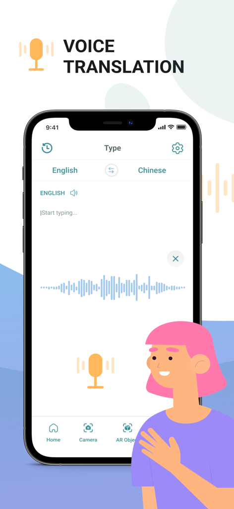 Nice Translate - Translator - Nice Translate app interface showing English to Chinese voice translation with a digital waveform
