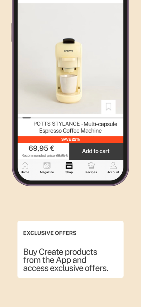 CREATE HOME - Oferta exclusiva de máquina de café exibida na loja do aplicativo móvel CREATE HOME