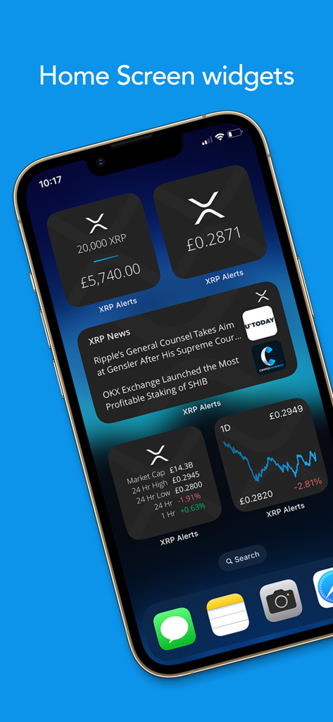 iPhone home screen with XRP Alerts widgets for price tracking, news, and market data