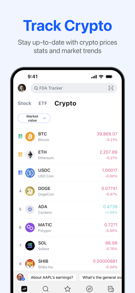 Mobile screen of the Penny Stocks Screener app showing a list of top cryptocurrency prices and market trends.