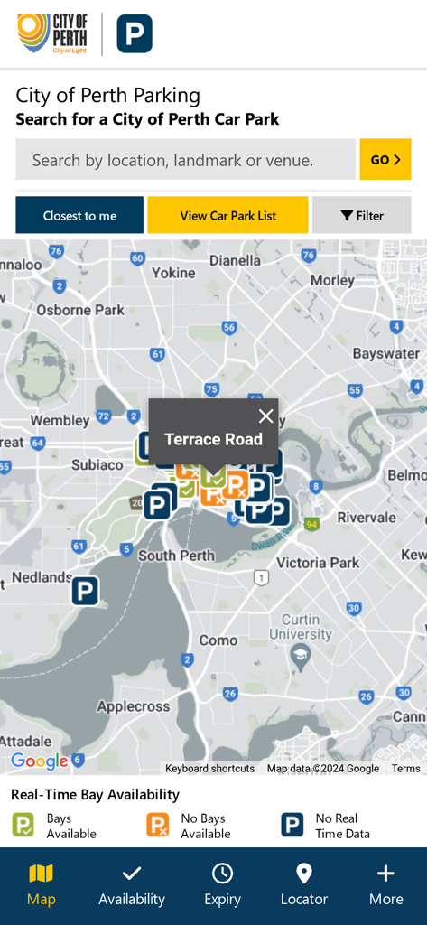 City of Perth Parking - Map view of the City of Perth Parking app showing real-time car park availability