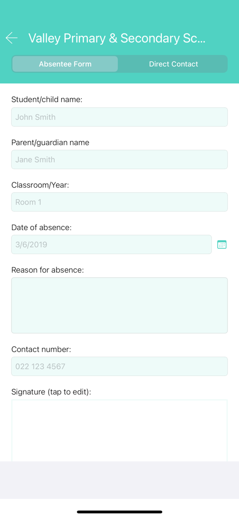 Modulo digitale di segnalazione delle assenze sull'interfaccia dell'app Skool Loop