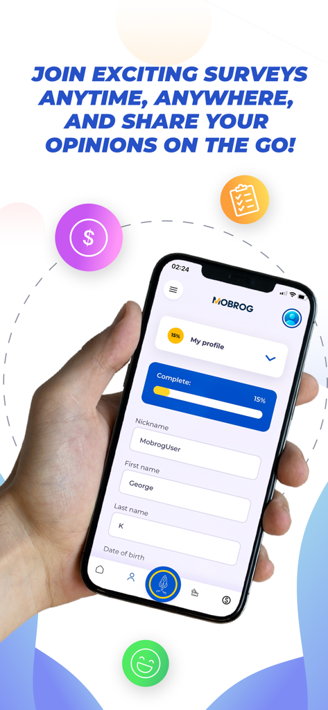 Una mano sosteniendo un smartphone que muestra la interfaz de perfil de la app MOBROG para ganar dinero a través de encuestas online