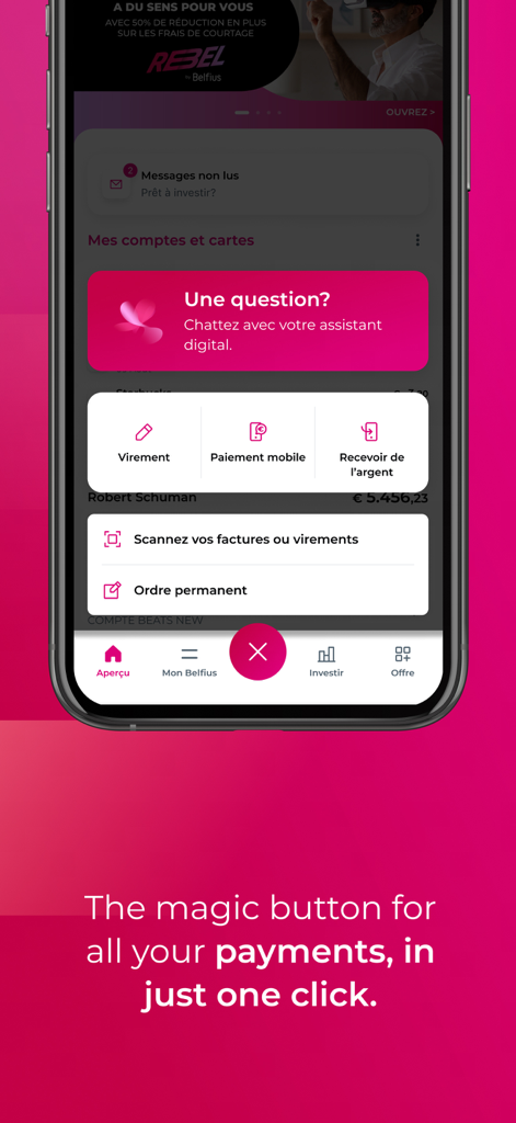 Interface de l'application mobile Belfius affichant le menu d'accès rapide pour les transferts et les paiements