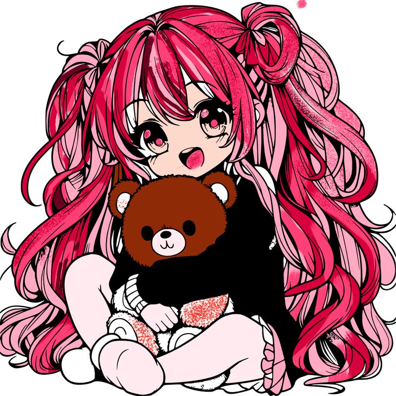 manga girl, long curly hair, happy, cuddling a teddy bear
