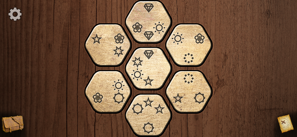 Adventure in Wonderland - Un puzle de lógica hexagonal con varios símbolos sobre un fondo de madera en el juego Aventura en el País de las Maravillas.