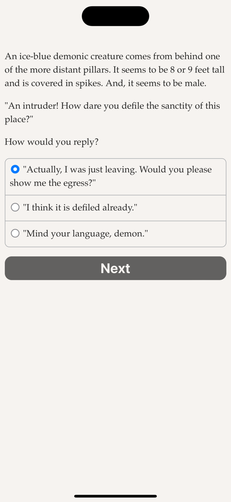 A text-based game screen from Knight of the Fellowship showing a player choosing a response to a demonic creature encounter.