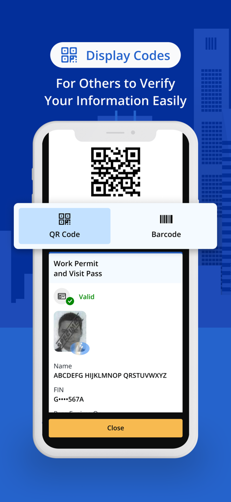 A smartphone displaying a digital work pass with a QR code and personal identification details for easy verification.