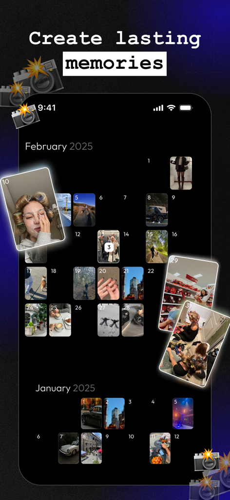 A photo calendar interface in the Hyper Challenges app showing daily captured moments and memories from January and February