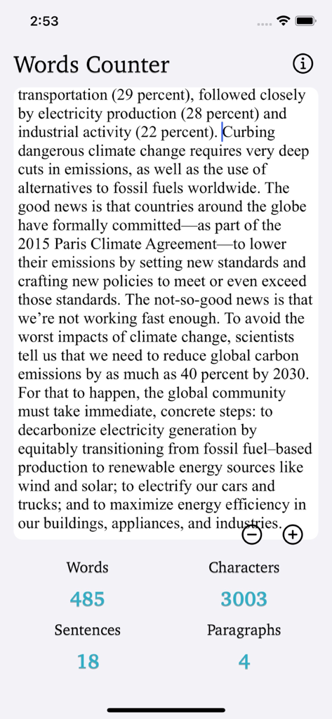 Interface of Words Counter Plus showing counts for words, characters, sentences, and paragraphs of a text.