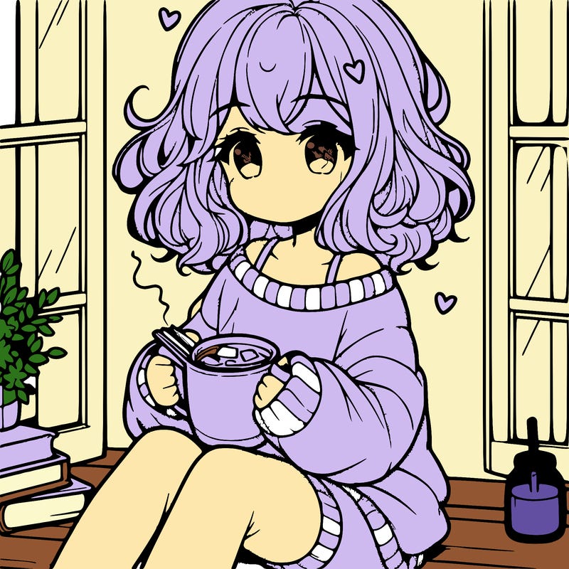 cute anime girl reading book and drinking hot chocolate from mug with loose wavy hair wearing a baggy sweatshirt and shorts sitting by windowsill looking out