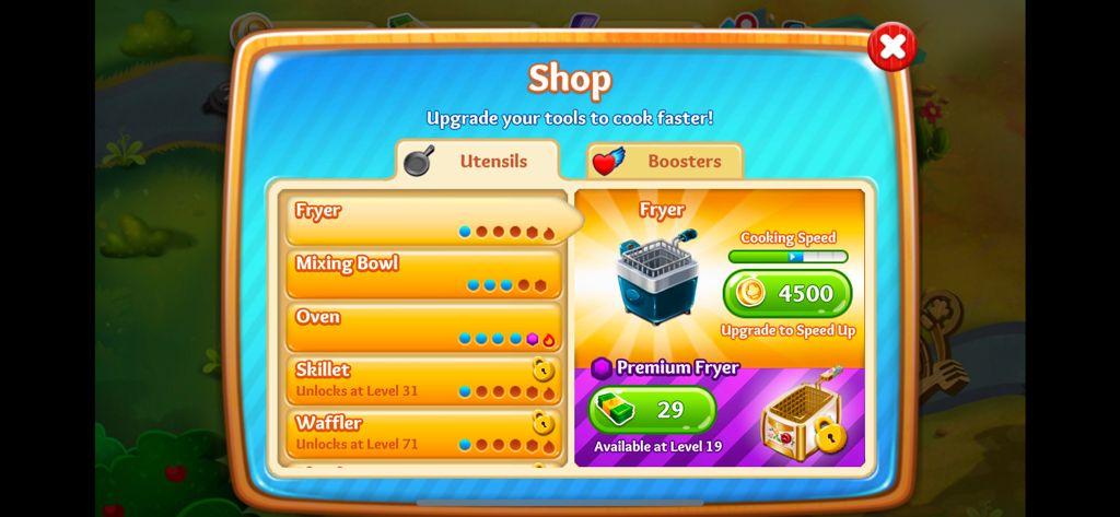 Cooking Tale - Food Games - Kitchen utensils shop menu for upgrading cooking speed in Cooking Tale