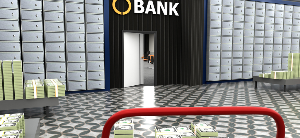 Bank Simulator Money Business - Interior of a bank vault with rows of deposit boxes and stacks of cash in a 3D tycoon game