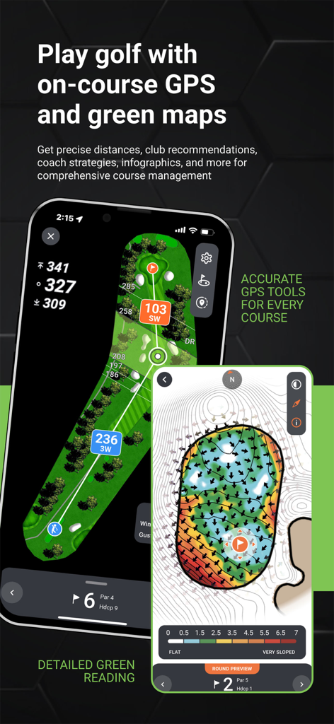GOLFTEC app interface showing on-course GPS distances and detailed green reading heat maps