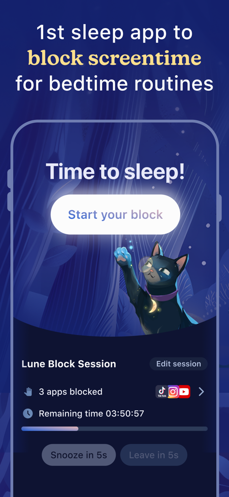 Lune: Bedtime Sleep Routine - Luneアプリの画面。就寝前ルーティン中に気を散らすソーシャルメディアアプリをブロックする機能を示しています。