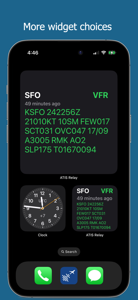 ATIS Relay - ATIS Relay METAR widgets on an iPhone home screen showing airport weather information