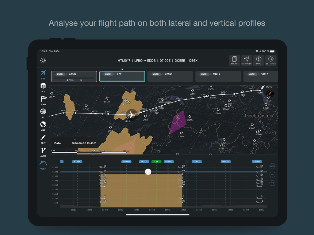 Guidor Skyconseil app displaying lateral and vertical flight profiles on an iPad