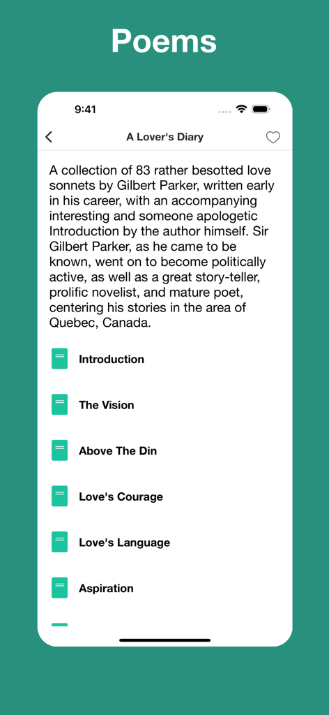 Poetry Audiobooks - Poetry Audiobooks app interface showing the poem collection A Lovers Diary by Gilbert Parker