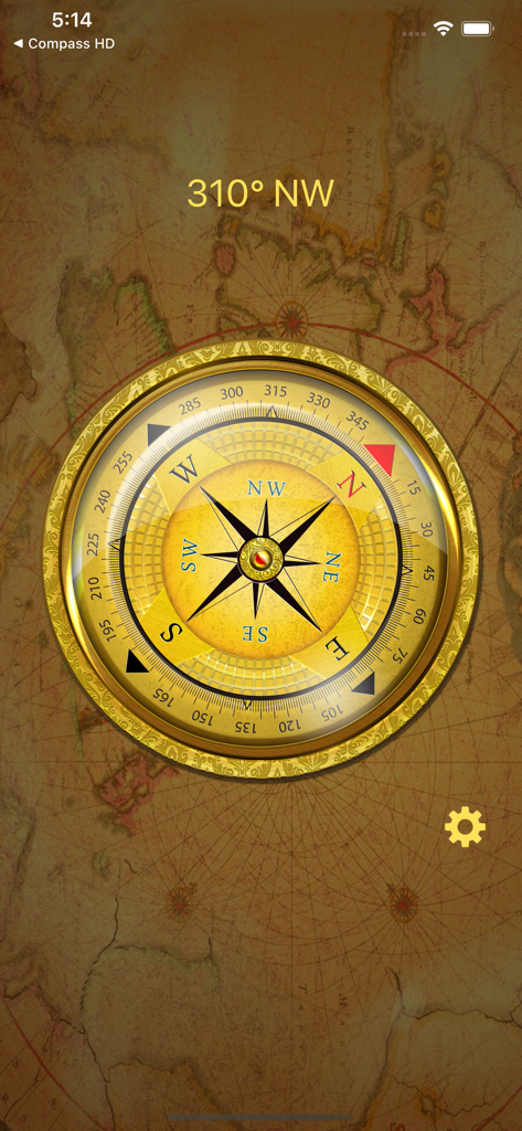 Beautiful Compass Pro - Interfaz de Beautiful Compass Pro con una brújula dorada ornamentada sobre un fondo de mapa vintage