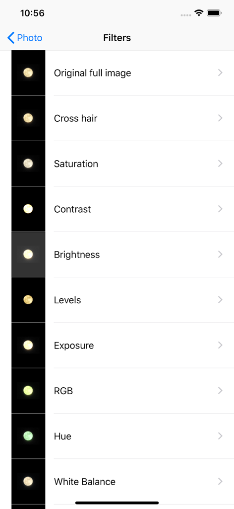 MoonCatcher - MoonCatcher app interface showing a list of photo editing filters for moon photography.