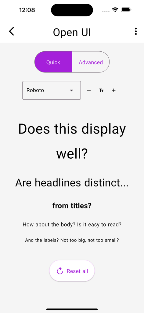 Open UI font settings and typography preview screen for app accessibility