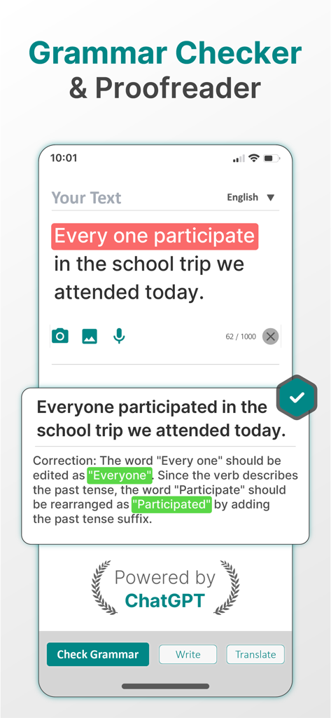 Application de correcteur grammatical et de relecture IA sur iPhone corrigeant une phrase avec une explication ChatGPT