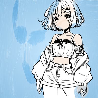 anime girl with mini shorts and a crop top and short hair