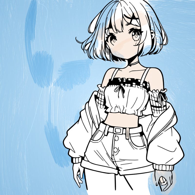 anime girl with mini shorts and a crop top and short hair