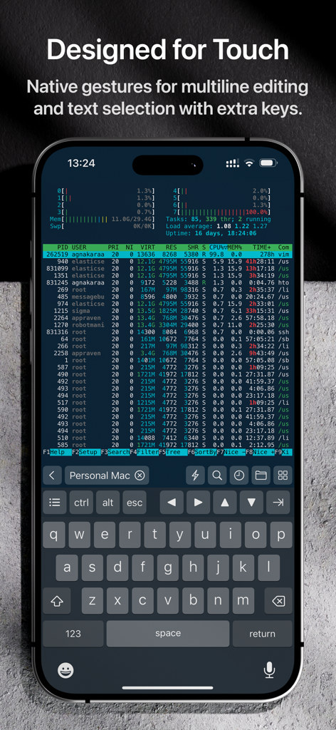 Termix Pro: SSH & SFTP Client - Termix Pro mobile SSH terminal showing htop system monitor on iPhone with custom keyboard keys