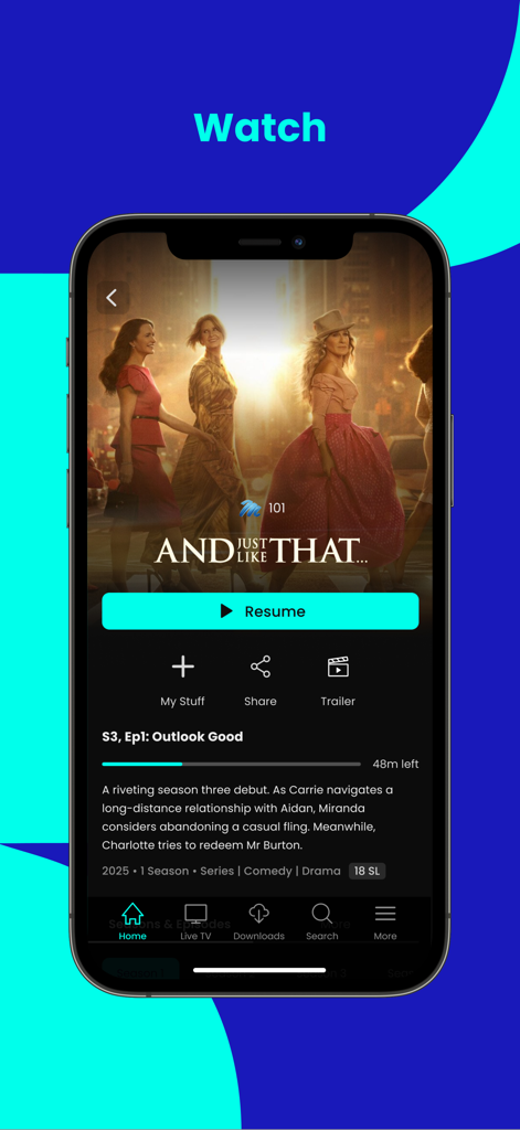 DStv Stream - Interfaz de la aplicación móvil DStv Stream que muestra la descripción de un programa con un botón de reanudar y detalles del episodio.