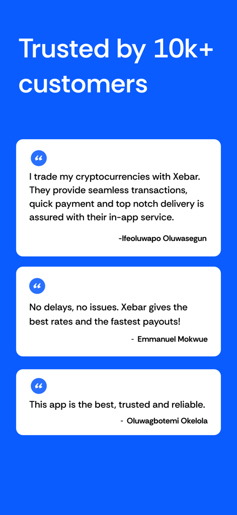Xebar: Crypto to Cash in 60s - Screenshot von Kundenrezensionen für die Xebar-App, der das Vertrauen der Nutzer und positives Feedback zur Krypto-Umrechnung zeigt.