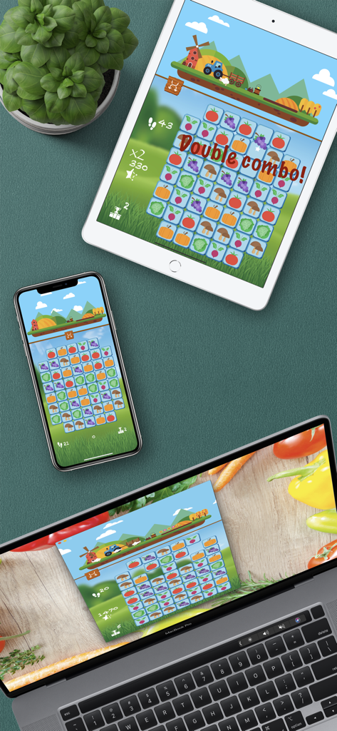 Mama's Farm: Tile Match Game - Mamas Farm tile match puzzle game shown on iPad iPhone and MacBook screens
