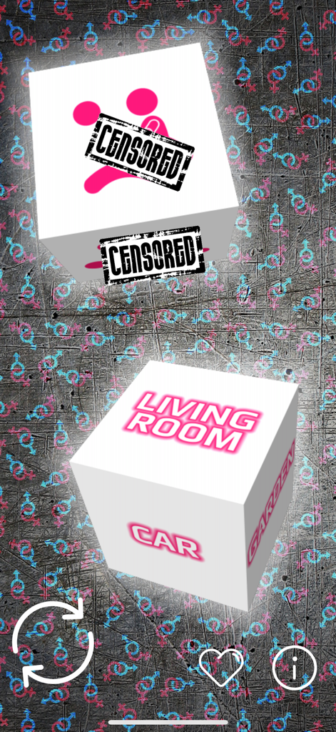 Sex Dice! - A screenshot of the Sex Dice app showing 3D dice for choosing intimate locations like Living Room and Car.